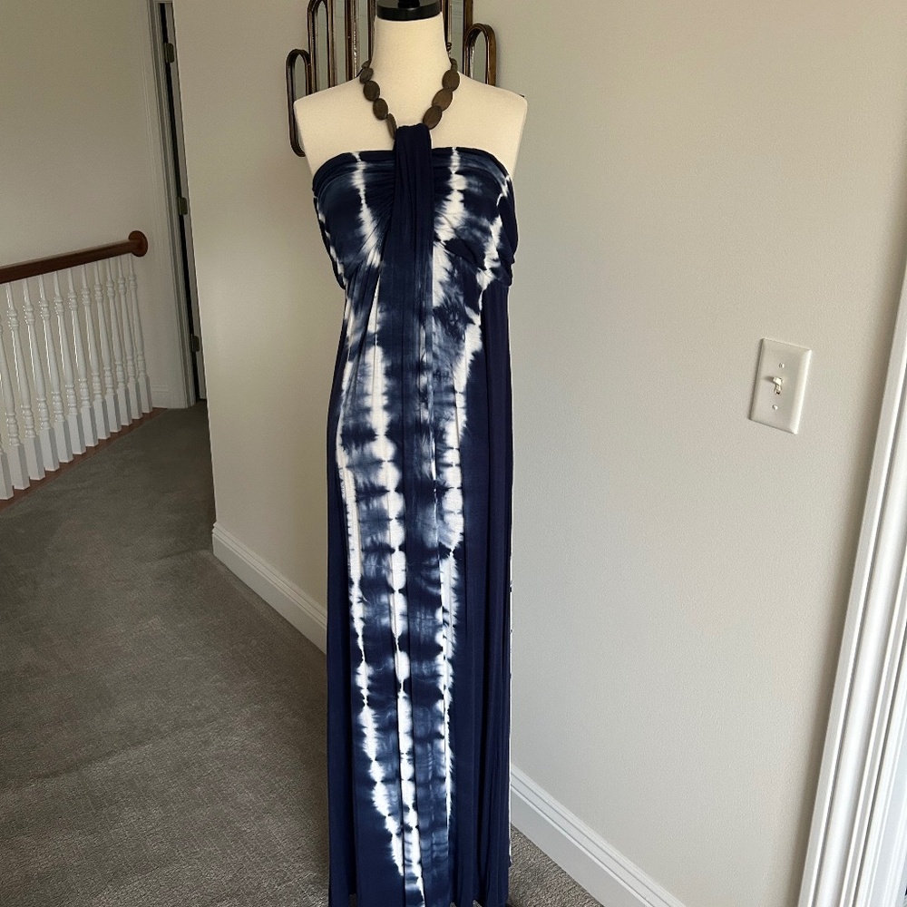 NWOT FEVER MAXI DRESS NAVY BLUE WHITE TIE DYE WOOD BEAD NECK BOHEMIAN SZ LARGE